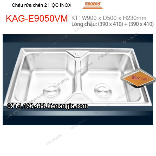 Chậu rửa chén 2 hộc 90x50 cm  inox  EROWIN KAG-E9050VM