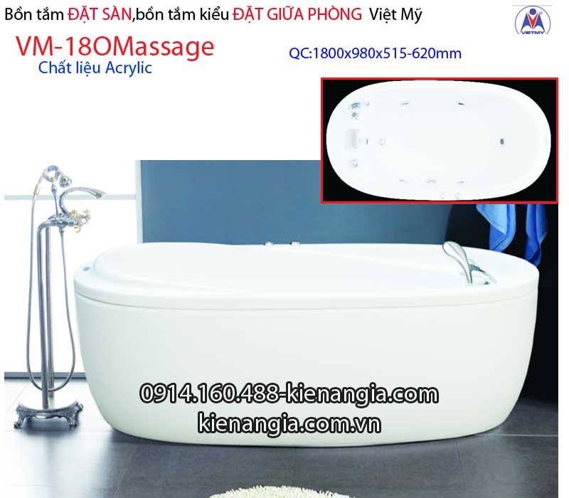 Bồn tắm oval Đặt sàn massage acrylic Việt Mỹ VM18O-Acrylic-Mass