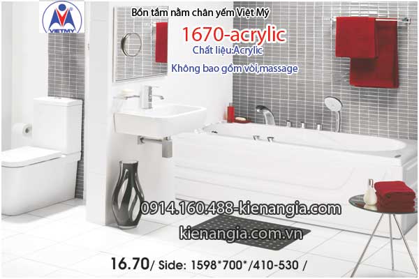 Bồn tắm nằm Acrylic chân yếm dài 1,6m Việt Mỹ VM670-Acrylic
