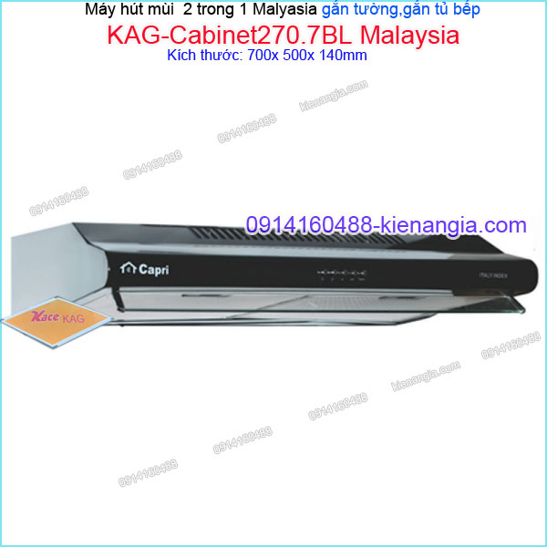 Máy hút mùi màu đen 2 trong 1 gắn tường,gắn tủ CAPRI 70 cm KAG-Cabinet270.7 BL Malaysia