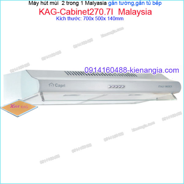 Máy hút mùi inox 70cm 2 trong 1 gắn tường,gắn tủ CAPRI KAG-Cabinet270.7I Malaysia