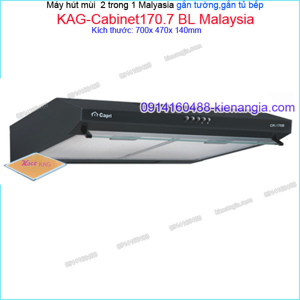 Máy hút mùi màu đen 2 trong 1 gắn tường,gắn tủ CAPRI 70 cm KAG-Cabinet170.7 BL Malaysia
