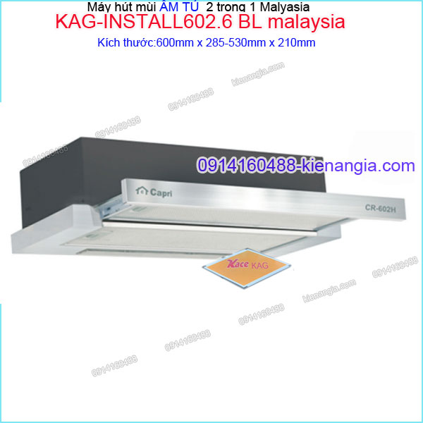 Máy hút mùi âm tủ bếp 60cm CAPRI Malaysia màu đen KAG-INSTALL602.6 BL Malaysia
