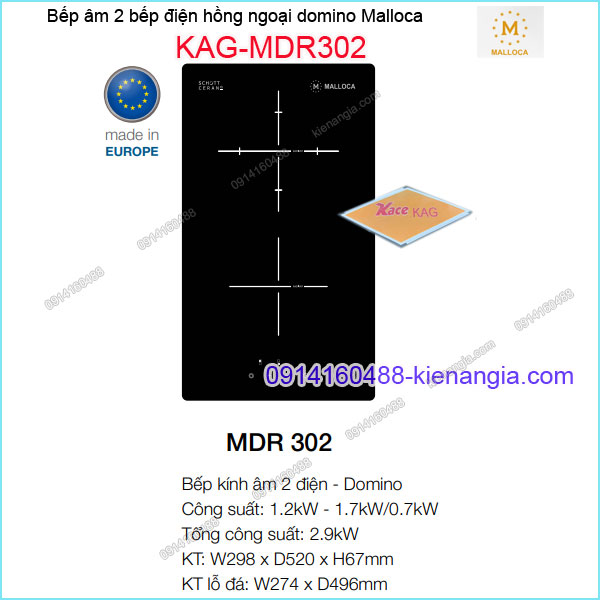 Bếp âm kính Domino điện hồng ngoại Malloca KAG-MDR302