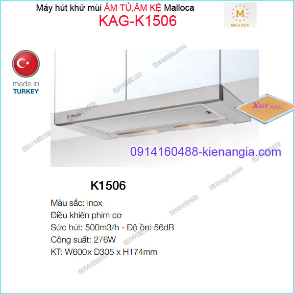 Máy hút khử mùi ÂM TỦ KỆ 600mm INOX Malloca KAG-K1506