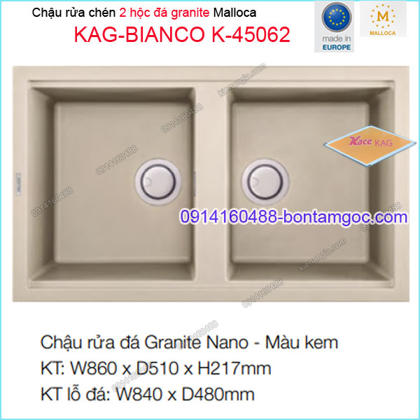 Chậu rửa chén 2 hộc đá Granite nano KEM 86x51 cm Malloca KAG-BIANCO-K45062