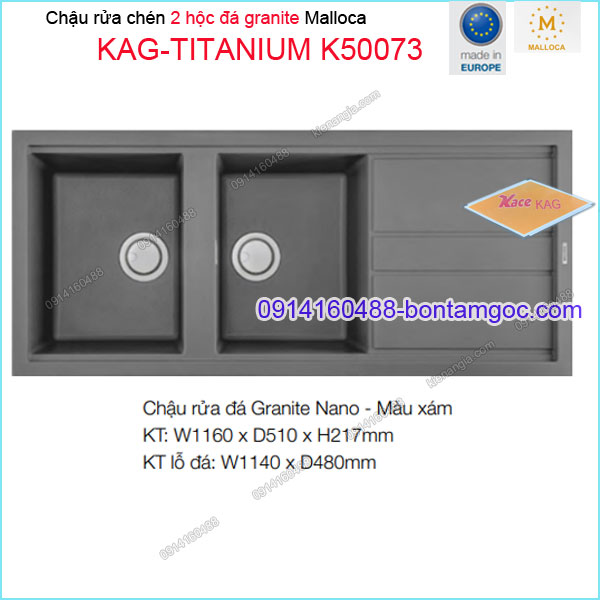 Chậu rửa chén 2 hộc đá Granite nano XÁM 116x51 cm Malloca KAG-TITANIUM-K50073