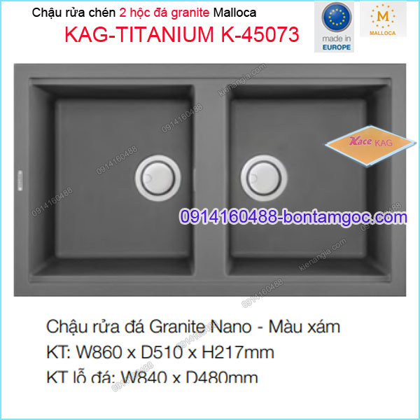 Chậu rửa chén 2 hộc đá Granite nano XÁM 86x51.5 cm-Malloca KAG-TITANIUM-K45073