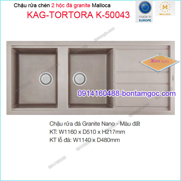 Chậu rửa 2 hộc 1 cánh Malloca granite màu đất 116x51 cm KAG-TORTORA K50043