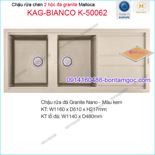 Chậu rửa 2 hộc 1 cánh Malloca granite màu đất 116x51 cm KAG-BIANCO-K50062