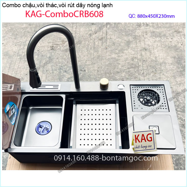 Combo chậu rửa chén,vòi thác ,rút dây 88X45cm nano KAG-ComboCRB608