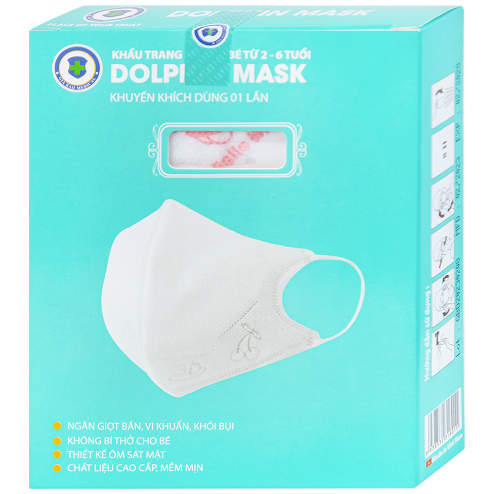 Khẩu trang 3D trẻ em Dolphin Mask 4 lớp ngăn giọt bắn, vi khuẩn, khói bụi (10 cái)