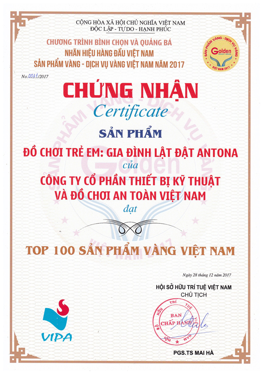 Giấy chứng nhận Top 100 Sản phẩm Vàng Việt Nam - Gia đình lật đật ANTONA
