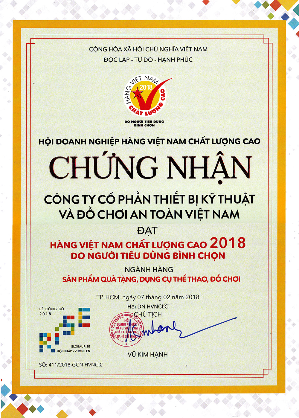 GIấy chứng nhận Hàng Việt Nam Chất Lượng Cao 2018
