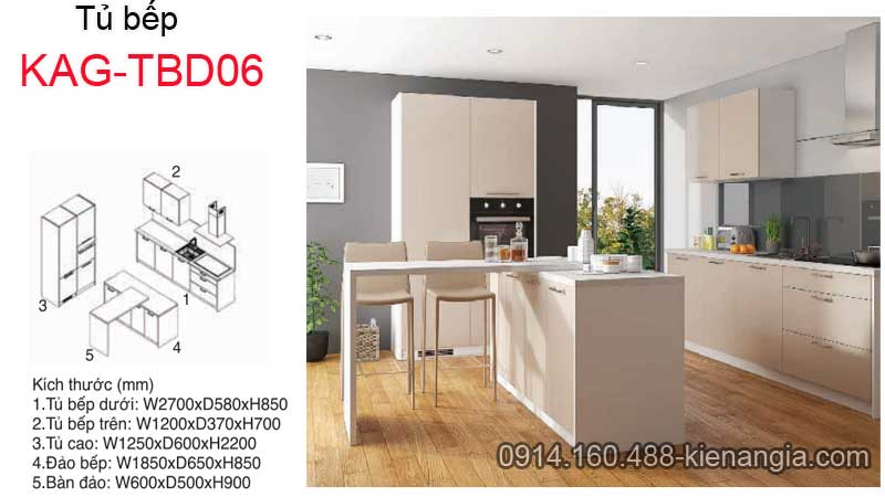 Tủ bếp hiện đại có đảo bếp KAG-TBD06