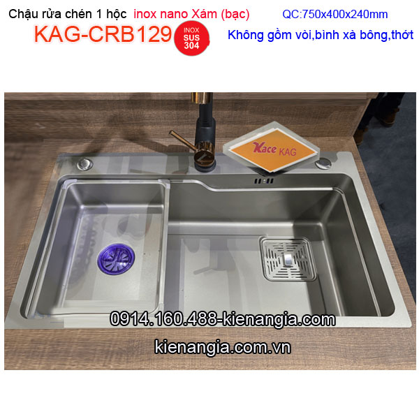 Chậu rửa chén Nano XÁM BẠC grey  1 hộc 75x40cm  inox 304 KAG-CRB129