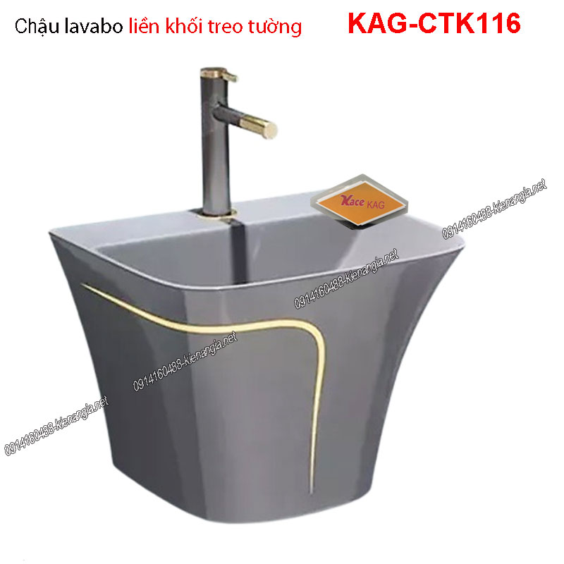 Chậu lavabo liền khối xám viền vàng treo tường KAG-CTK116