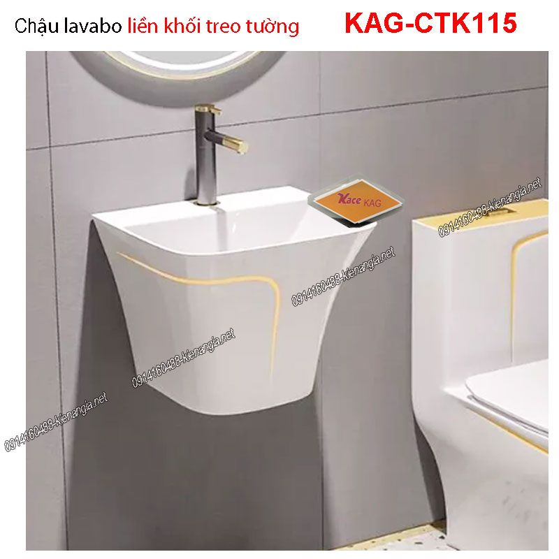 Chậu lavabo liền khối TRẮNG viền vàng treo tường  KAG-CTK115
