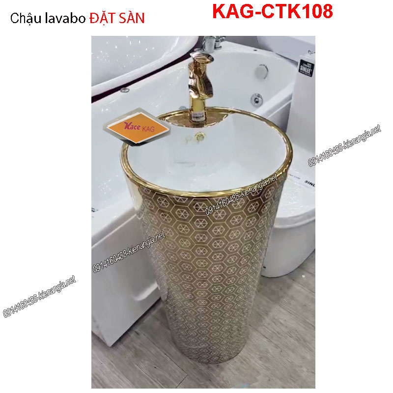 Chậu lavabo ĐẶT SÀN,trụ tròn  màu Vàng hoa văn trắng  KAG-CTK108