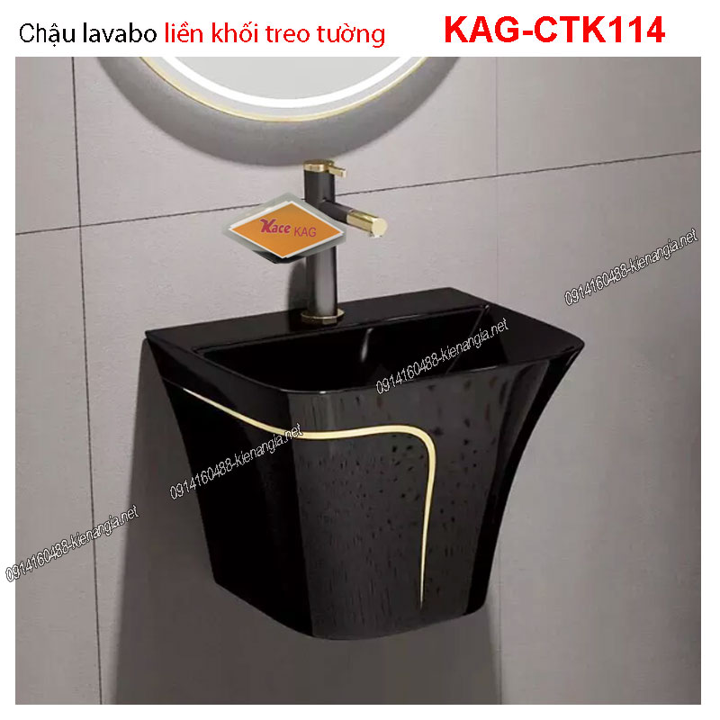 Chậu lavabo liền khối đen viền vàng treo tường KAG-CTK114