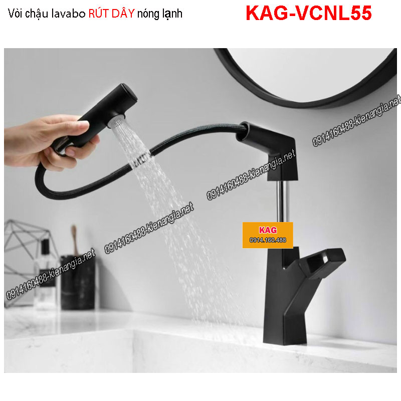 Vòi chậu lavabo RÚT DÂY nóng lạnh màu ĐEN KAG-VCNL55
