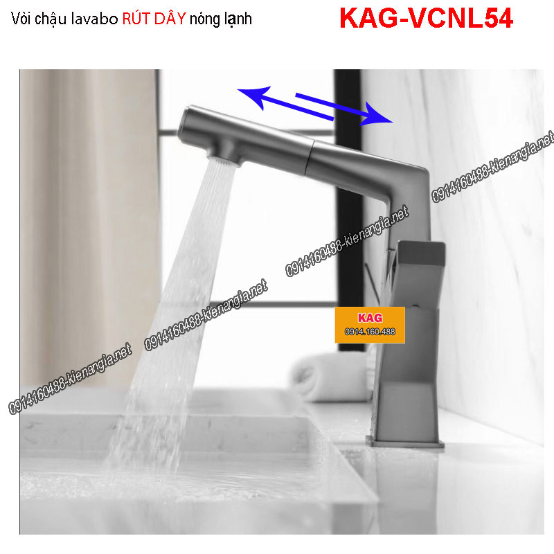 Vòi chậu lavabo RÚT DÂY nóng lạnh màu XÁM KAG-VCNL54