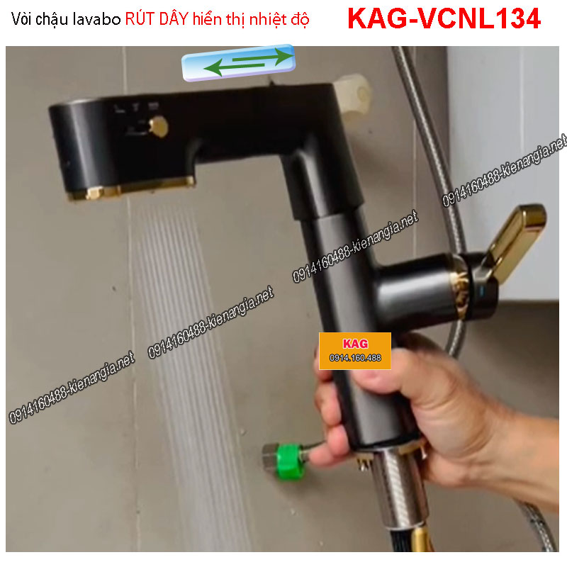 Vòi chậu rửa mặt RÚT DÂY hiển thị nhiệt độ ĐEN KAG-VCNL134