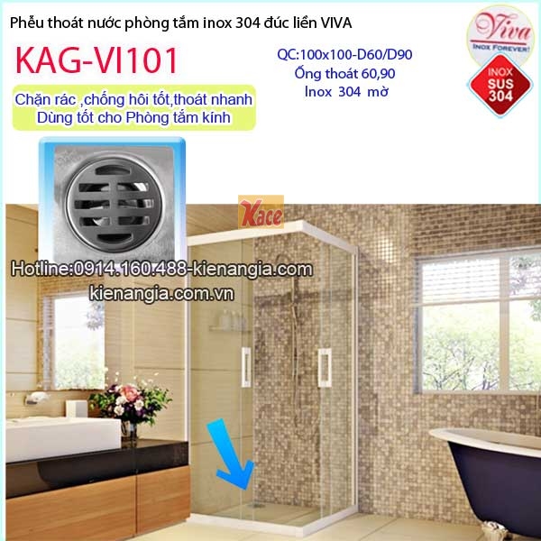 Thoát sàn VIVA phòng tắm vách kính 100x100 KAG-VI101