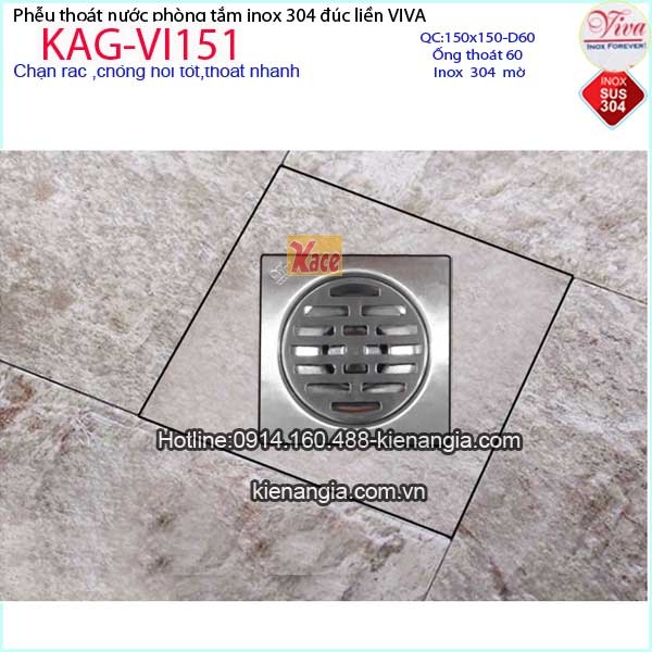 Thoát sàn VIVA  inox 304 150x150 D60 KAG-VI151