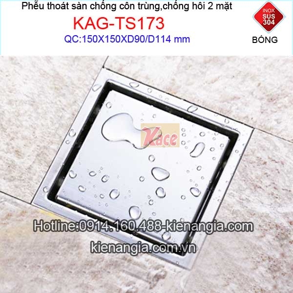 Thoát sàn mặt kín inox sus 304 15x15cm D90 cao cấp KAG-TS173