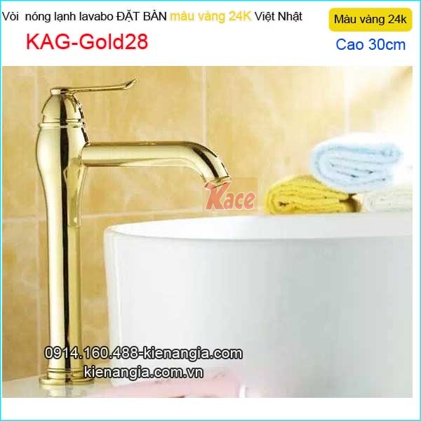 Vòi lavabo cao 30cm nóng lạnh đồng vàng 24K KAG-Gold28