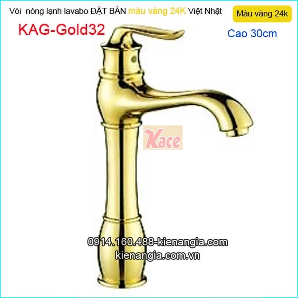Vòi lavabo cao 30cm nóng lạnh đồng vàng 24K KAG-Gold32