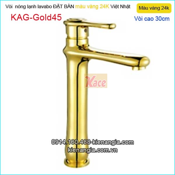 Vòi lavabo cao 30cm nóng lạnh đồng vàng 24K KAG-Gold45