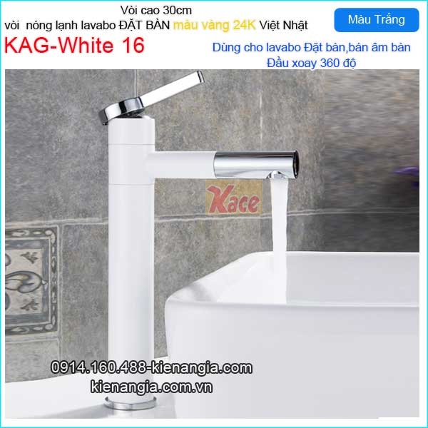 Vòi lavabo màu trắng cao 30cm đầu xoay 360 độ KAG-white16