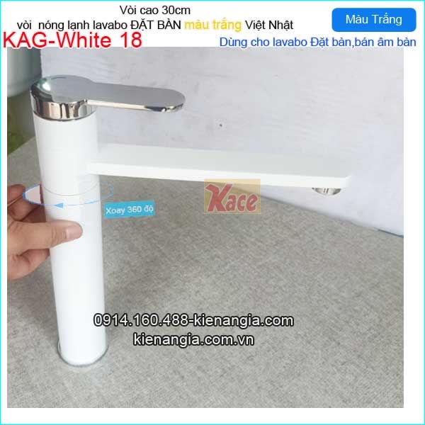 Vòi lavabo đặt bàn thân xoay 360 độ màu trắng KAG-white18