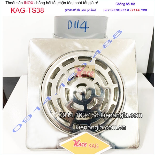Phễu thu nhà tắm inox 100% 200x200 mm D114 KAG-TS38