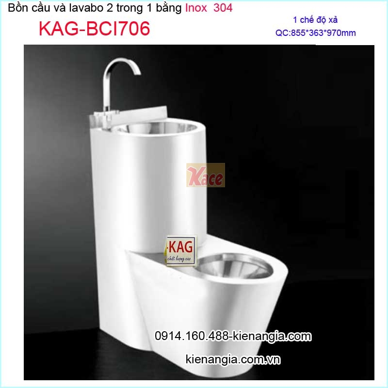 Bồn cầu lavabo 2 trong 1 bằng INOX 304 KAG-BCI706 bồn cầu không nắp + chậu rửa mặt