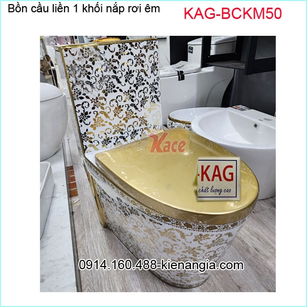 Bồn cầu 1 khối  cao cấp hoa văn vàng KAG-BCKM50