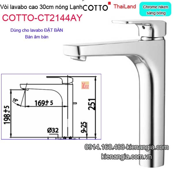 Vòi thân cao 30cm lavabo đặt bàn nóng lạnh Thailand COTTO-CT2144AY