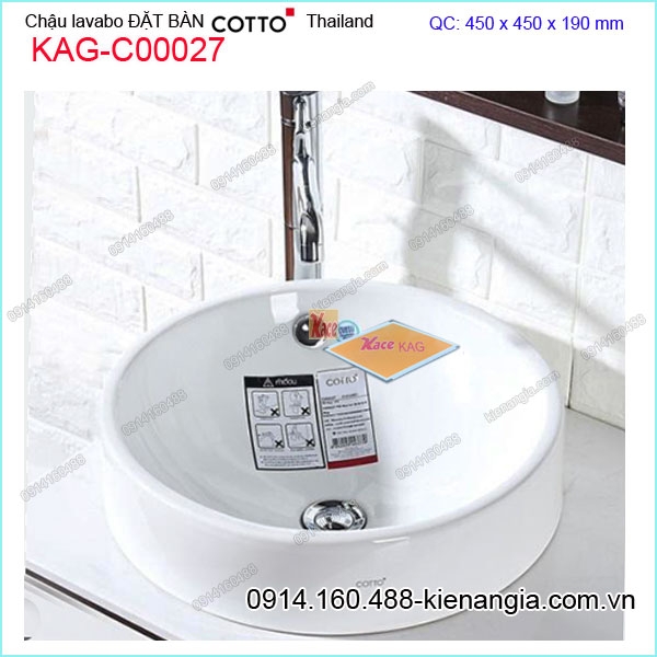 Chậu lavabo tròn đặt bàn nhập khẩu Thailand COTTO KAG-C00027