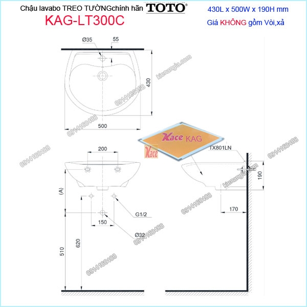 KAG-LT300C-Chau-lababo-TREO-TUONG-chinh-hang-TOTO-430X500mm-KAG-LT300C-kich-thuoc-lap-dat