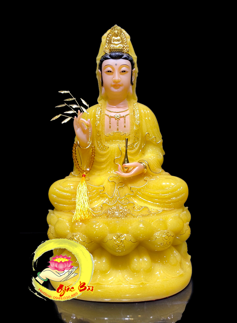Tượng Phật Quan Âm Bồ Tát Tọa Đài Sen, Bột Đá Thạch Anh Viền Vàng, Cao
