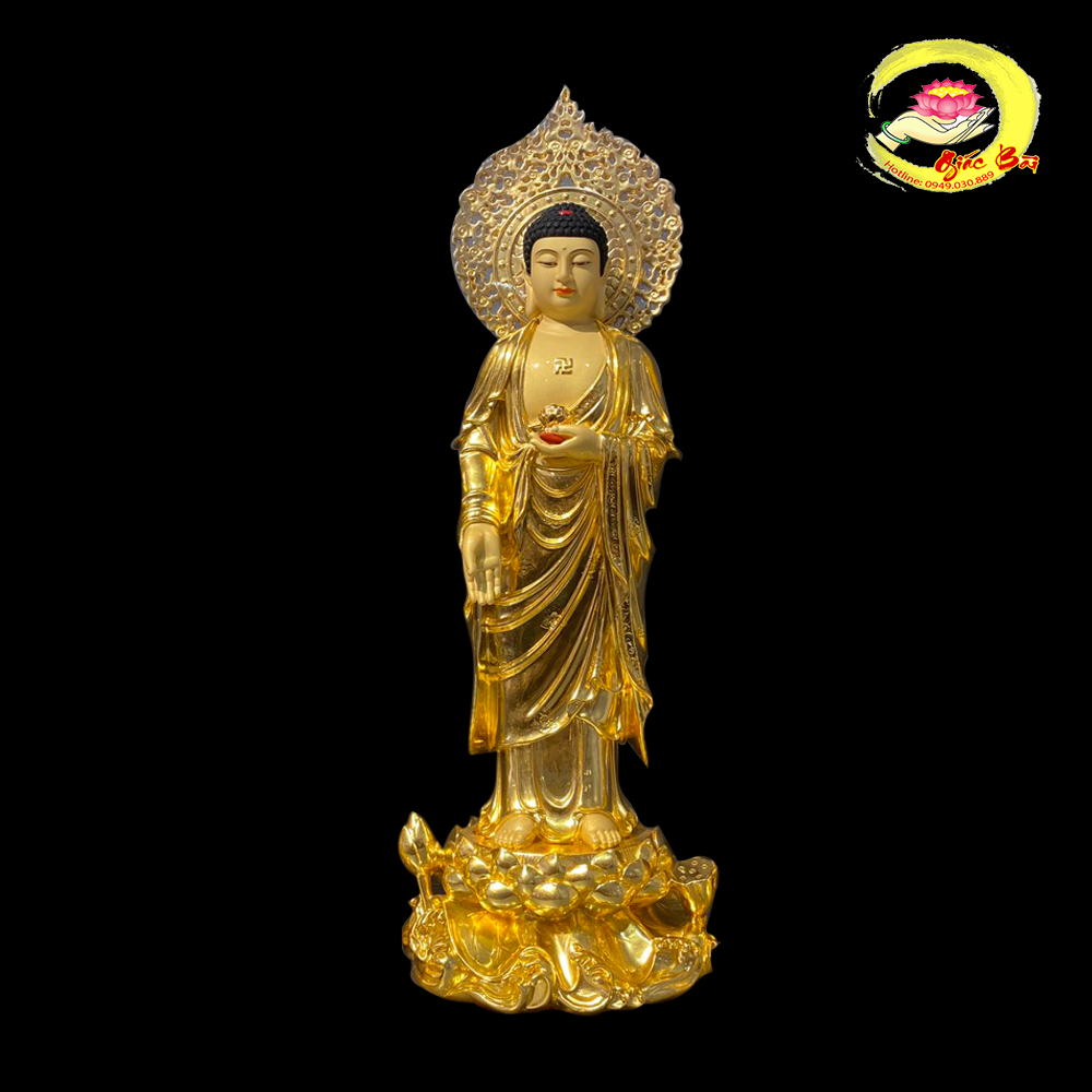 Tượng Phật A Di Đà Đứng Bằng Đồng Dát Vàng,Có Lá Đề, cao 66cm, ( tính