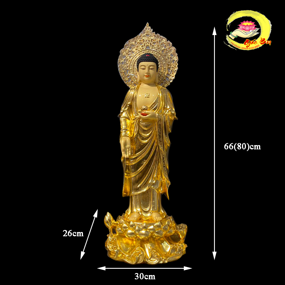 Tượng Phật A Di Đà Đứng Bằng Đồng Dát Vàng,Có Lá Đề, cao 66cm ...