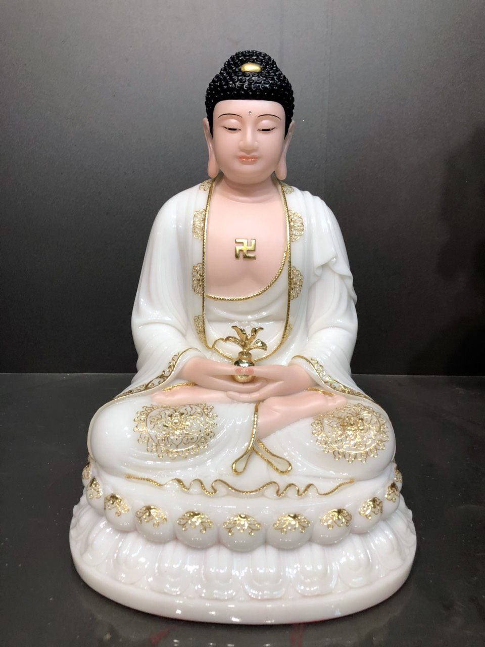 Tượng Phật Dược Sư đá trắng viền vàng