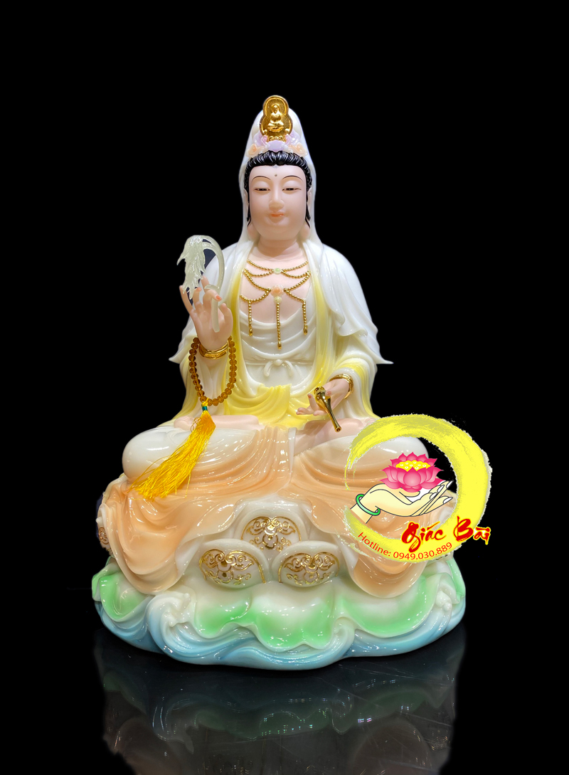 Tượng Phật Quan Âm Bồ Tát đế non nước, bột đá cẩm thạch sơn, Cao 30cm,