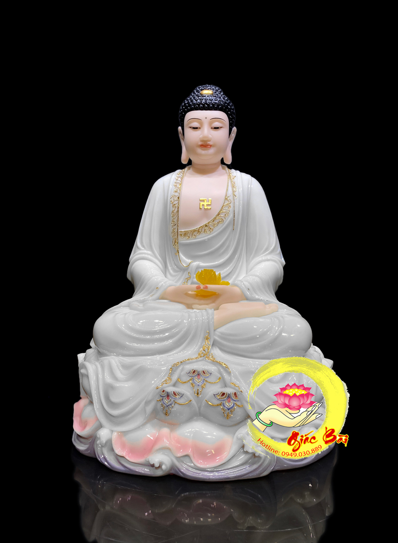 Tượng Phật A Di Đà Đế Non Nước, Bột Đá Trắng Viền Hoa, Cao 30cm, 40cm, 65cm