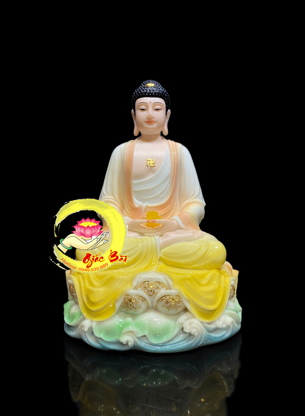 Hình ảnh một tượng Phật A Di Đà trong trang phục đầy sắc màu và hạnh phúc sẽ đưa bạn vào thế giới của sự yên tĩnh và an lạc, giúp bạn tìm thấy định hướng và trật tự trên con đường phát triển tâm linh.