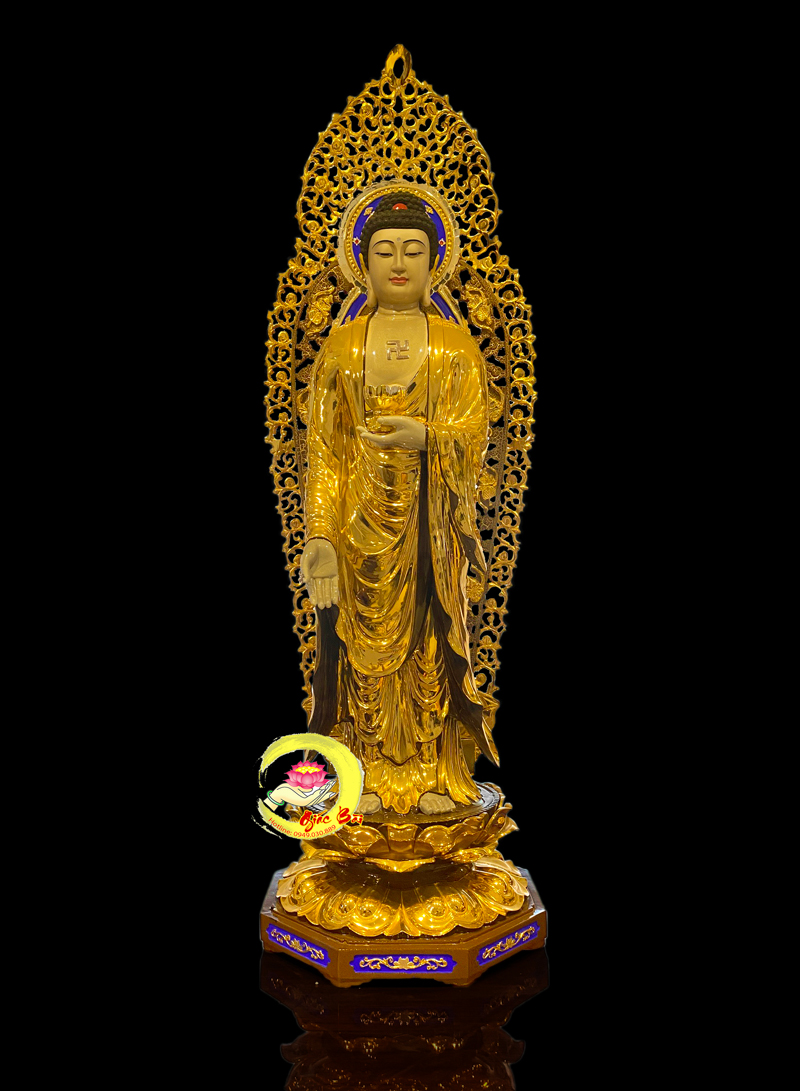 Tượng Phật A Di Đà Bằng Đồng Đài Loan Mạ Vàng, Đứng Đài Sen, Cao 88cm ( Tổng Lá Đề 108cm)