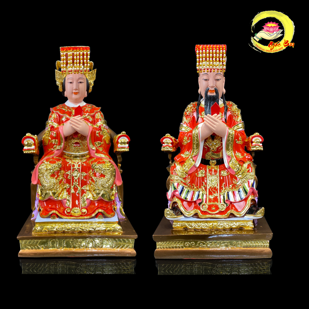 Tượng Ngọc Hoàng - Vương Mẫu Composite Sơn đỏ cao cấp ngồi ngai vàng cao 48cm